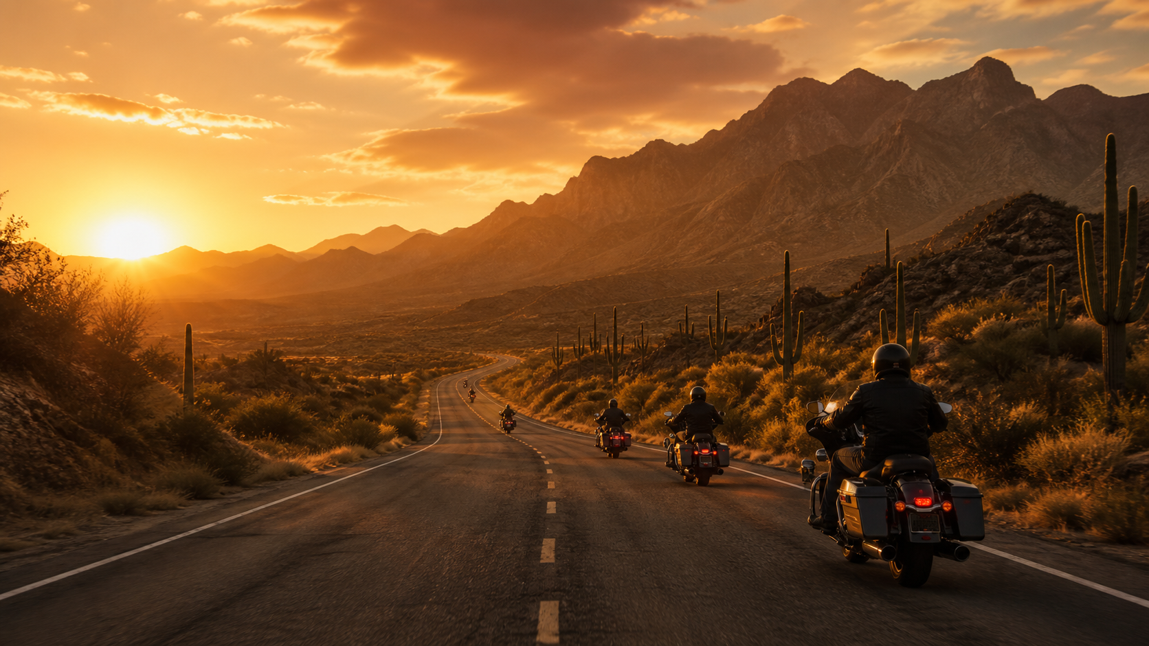 Motociclistas recorriendo una carretera entre el desierto y las montañas de Sonora